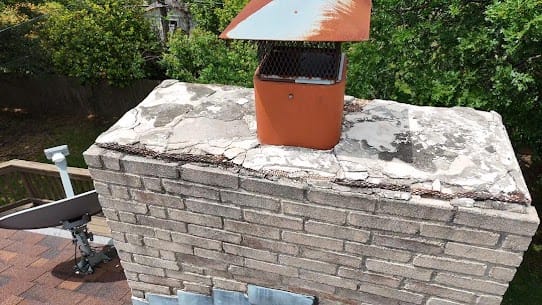 Cracked and deteriorated chimney crown showing visible chimney damage
