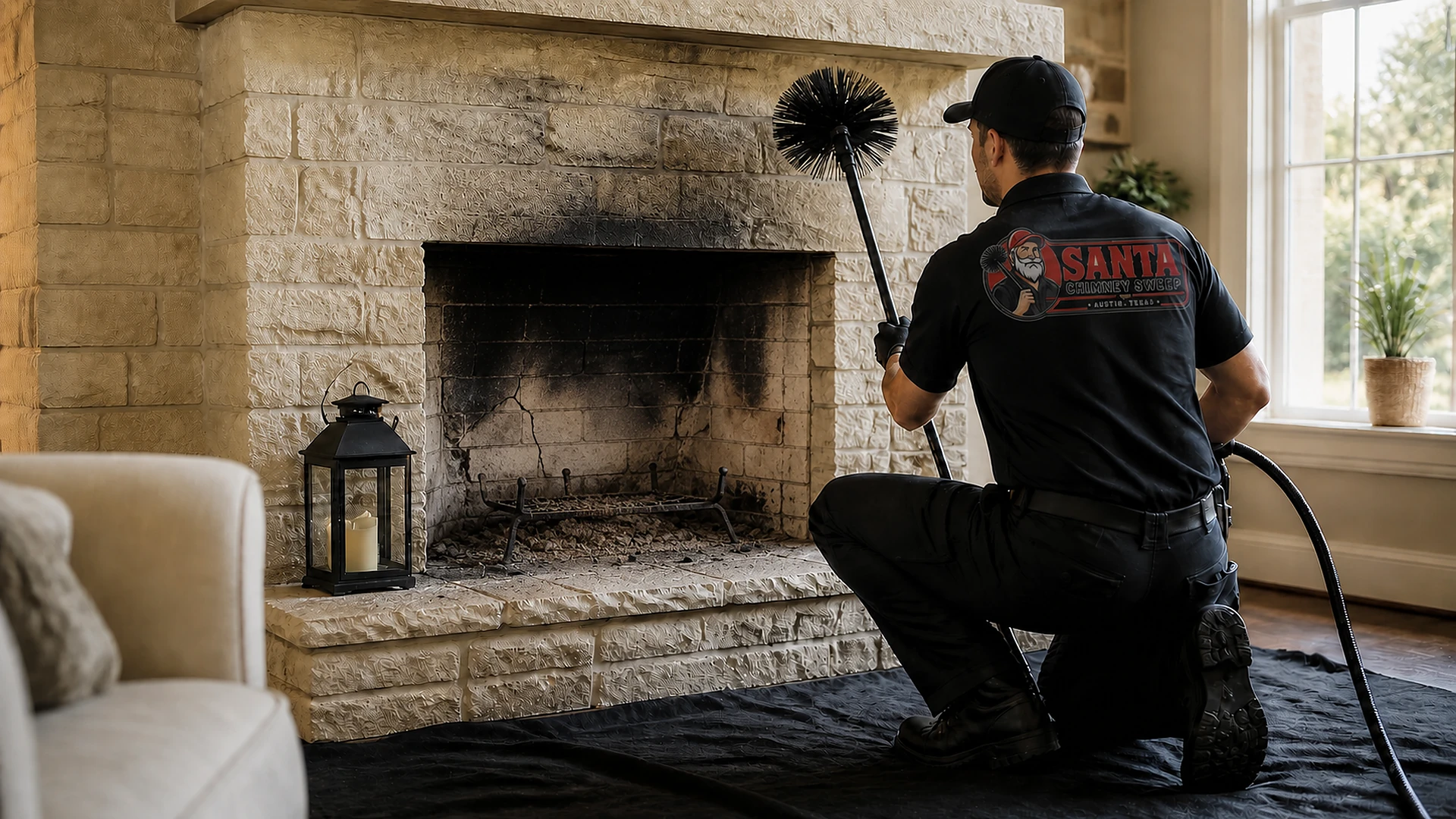 Santa Chimney Sweep technician inspecting and cleaning a residential fireplace in Austin