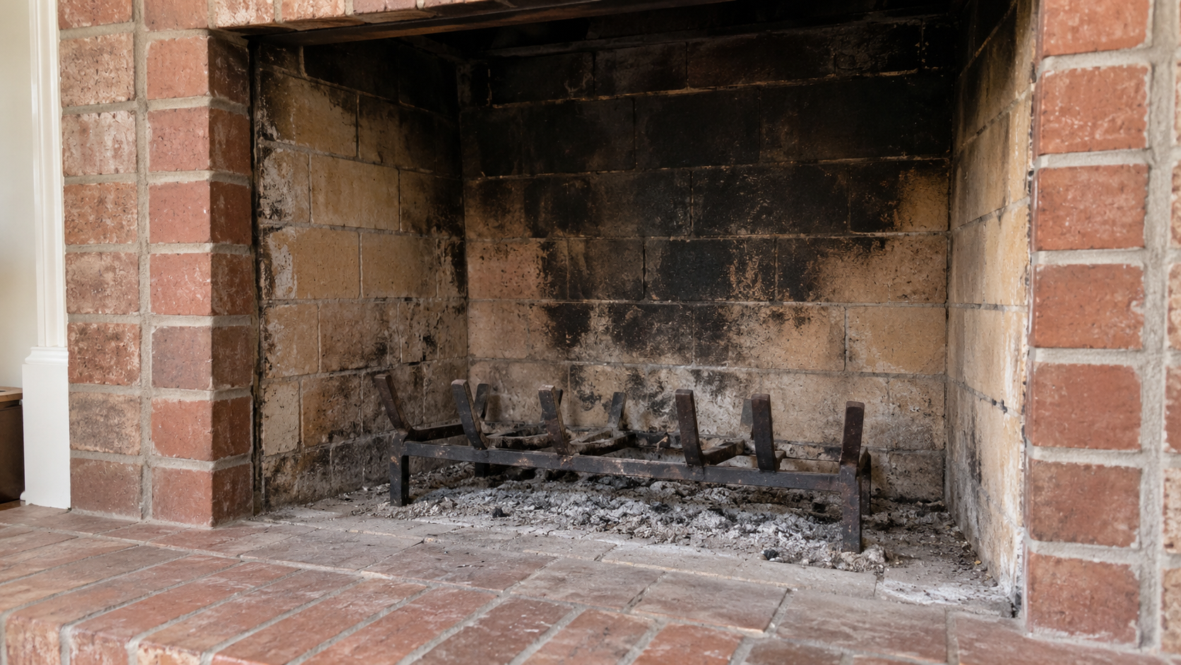 soot and cold ash in a fireplace.