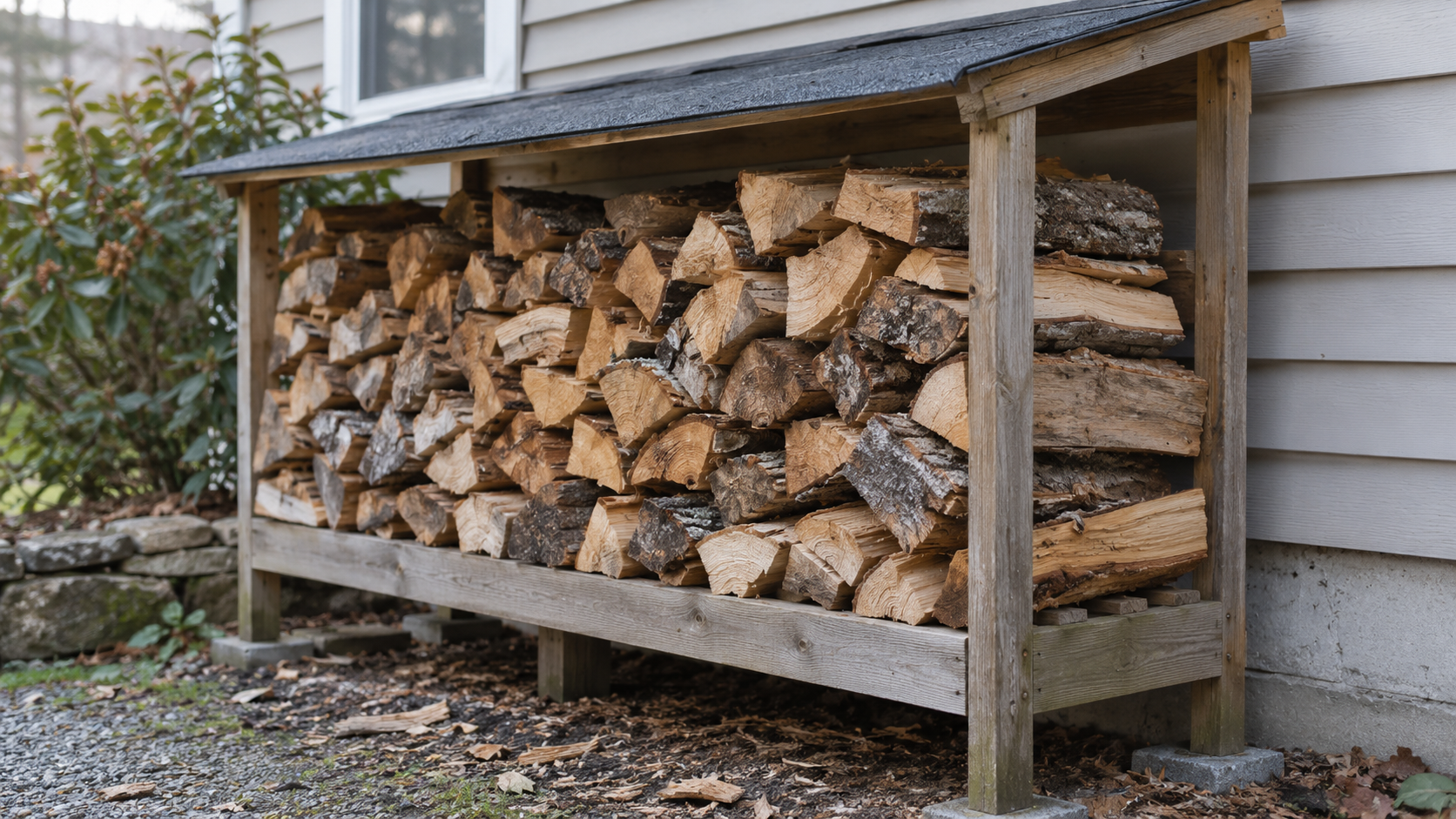 split firewood stored off the ground.