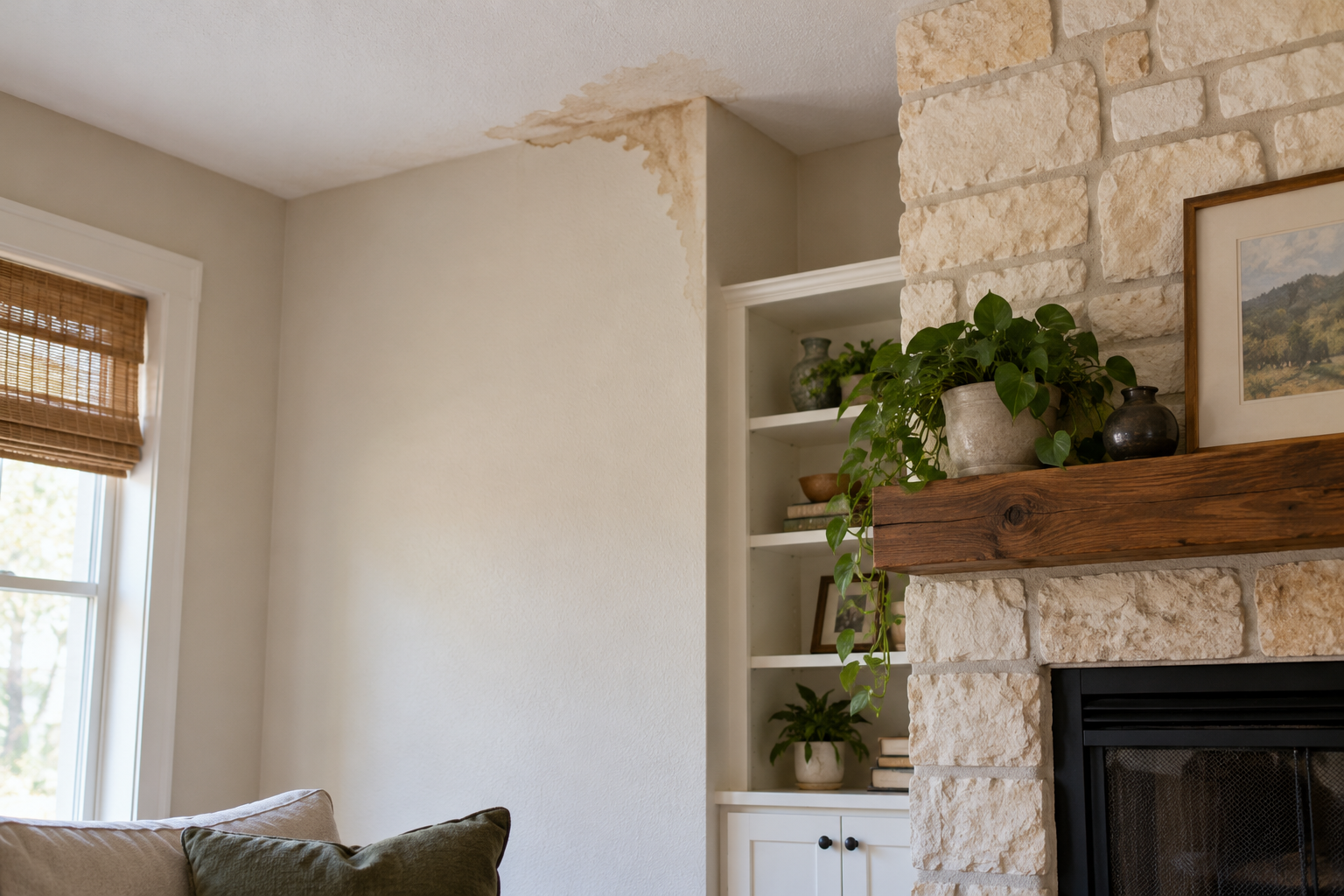 Interior wall and fireplace showing a moisture stain.