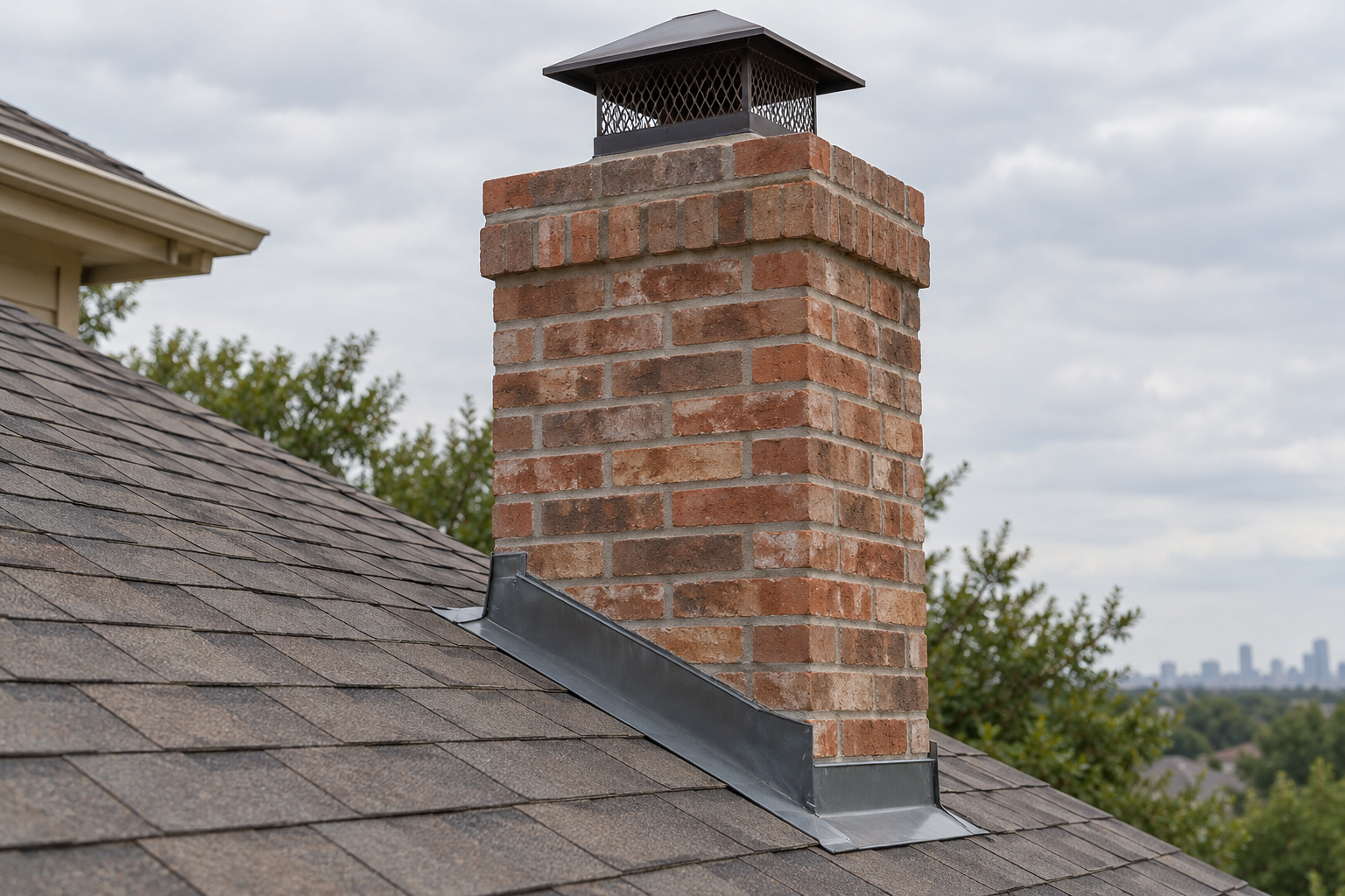 Brick chimney with roof flashing.